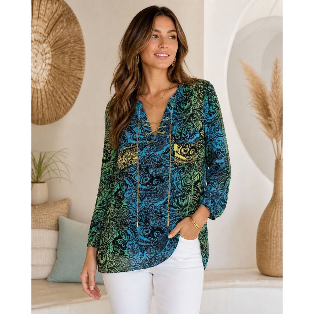 Peck & Peck Blue Paisley Blouse Large Boho Chain Lace Up Lightweight Top Sheer